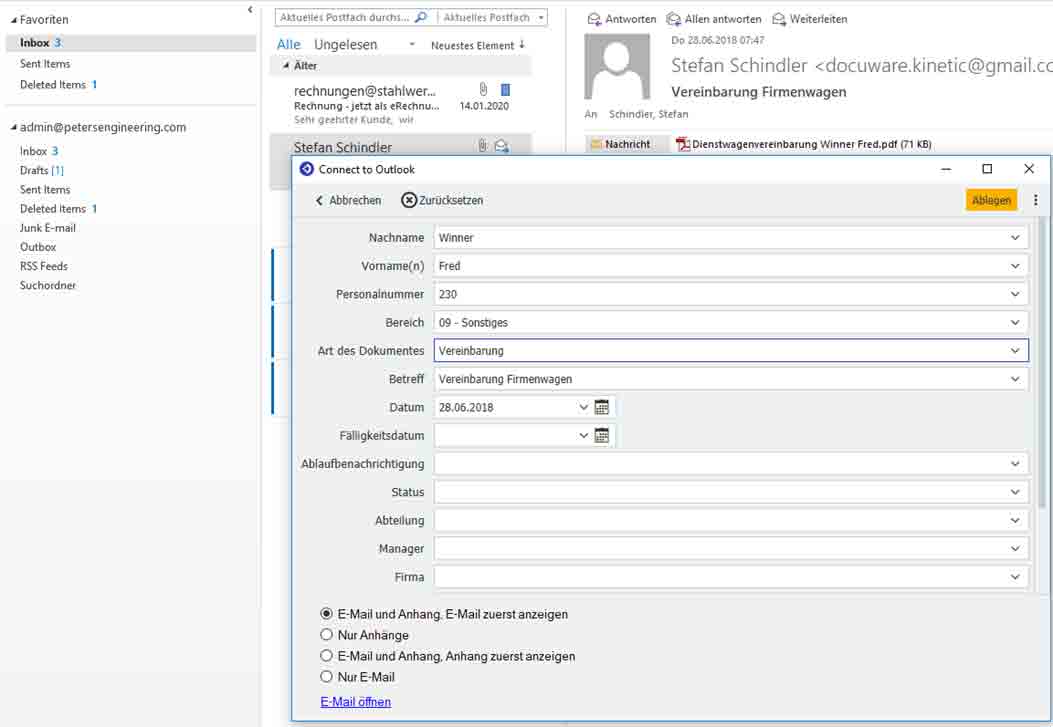 Screenshot MS Outlook mit DocuWare Schnittstelle: Automatisches Auslesen Indexkriterien