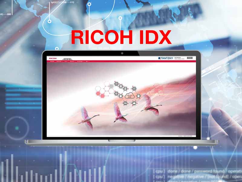 RICOH IDX Expert-Logo, dahinter Laptop mit RICOH IDX Oberfläche 