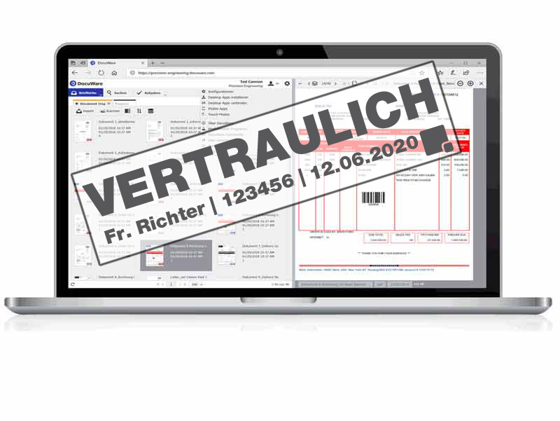 Laptop mit laufender DocuWare Software im Hintergrund, Vordergrund großer digitaler Stempel, vertraulich mit Name, Personalnummer und Datum, differenzierte Berechtigungen