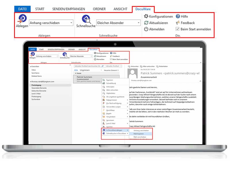 DocuWare Screenshot direkte Einbindung in MS Outlook Oberfläche