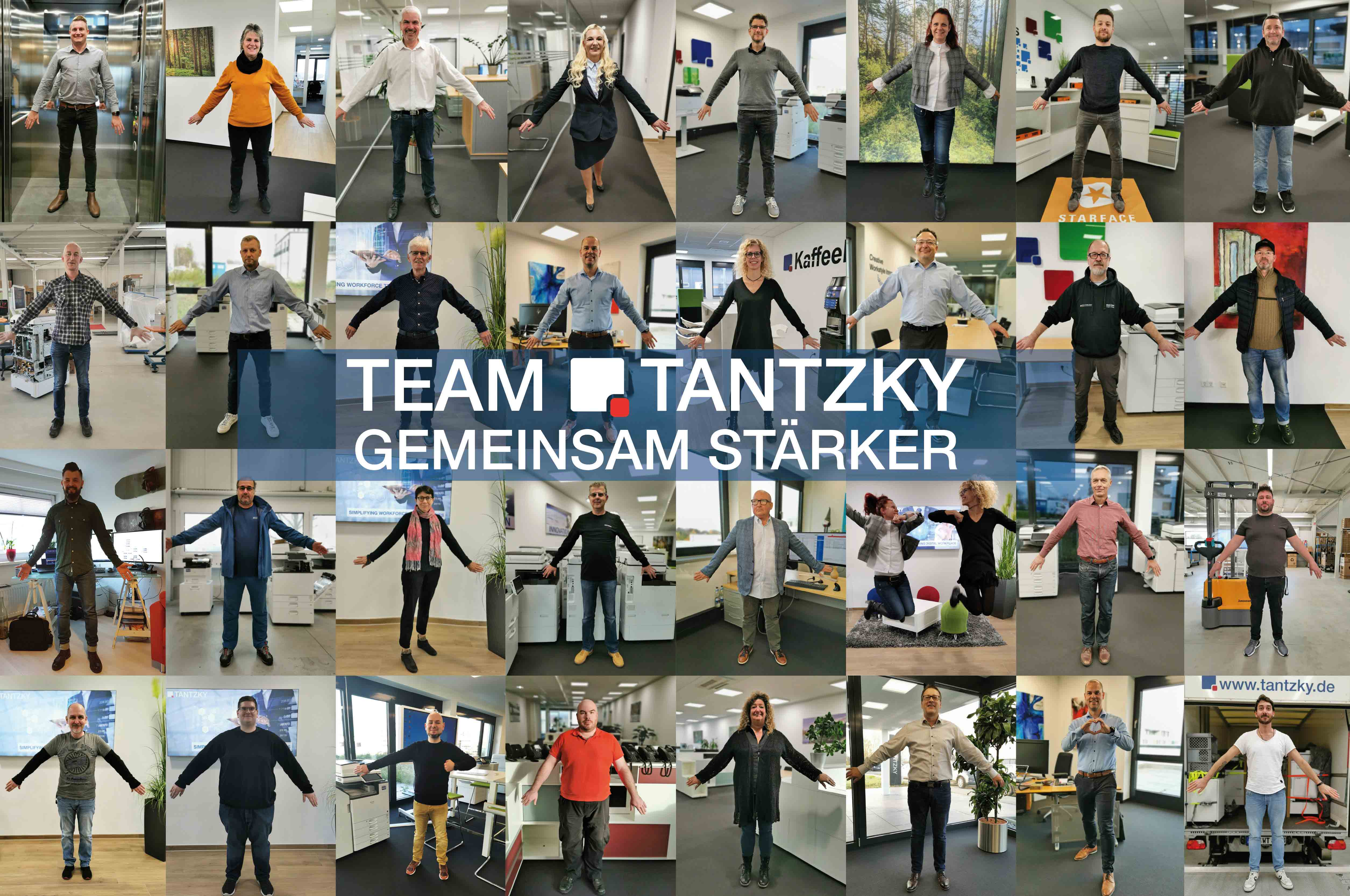 Alle Mitarbeiter von Tantzky sind auf Einzelaufnahmen zu sehen. Fotocollage Händehaltend präsentiert sich das Team TANTZKY geschlossen.