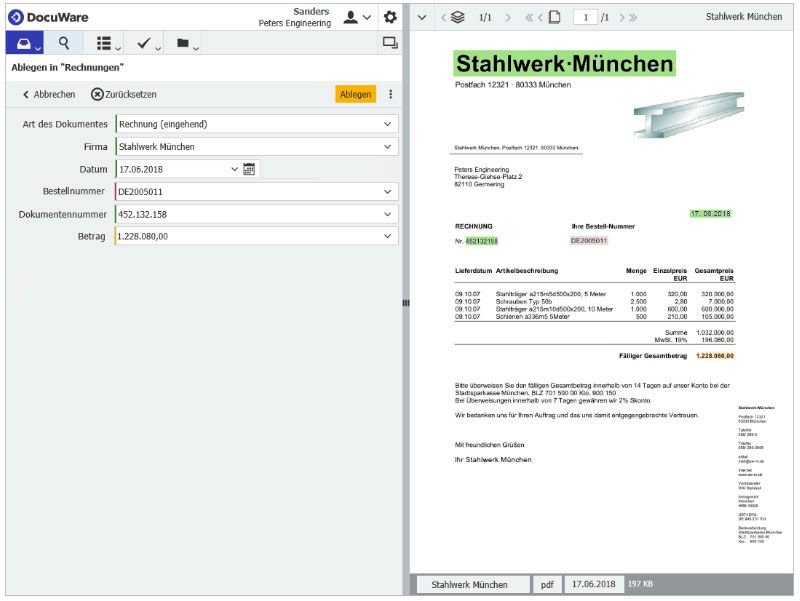 Screenshot DocuWare Intelligent Indexing mit Beispielrechnung des Stahlwerk München