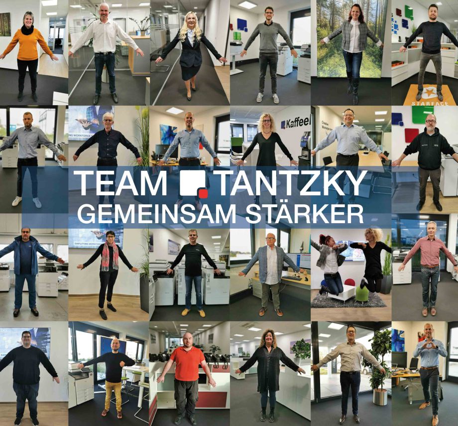 Alle Mitarbeiter von Tantzky sind auf Einzelaufnahmen zu sehen. Fotocollage Händehaltend präsentiert sich das Team TANTZKY geschlossen.