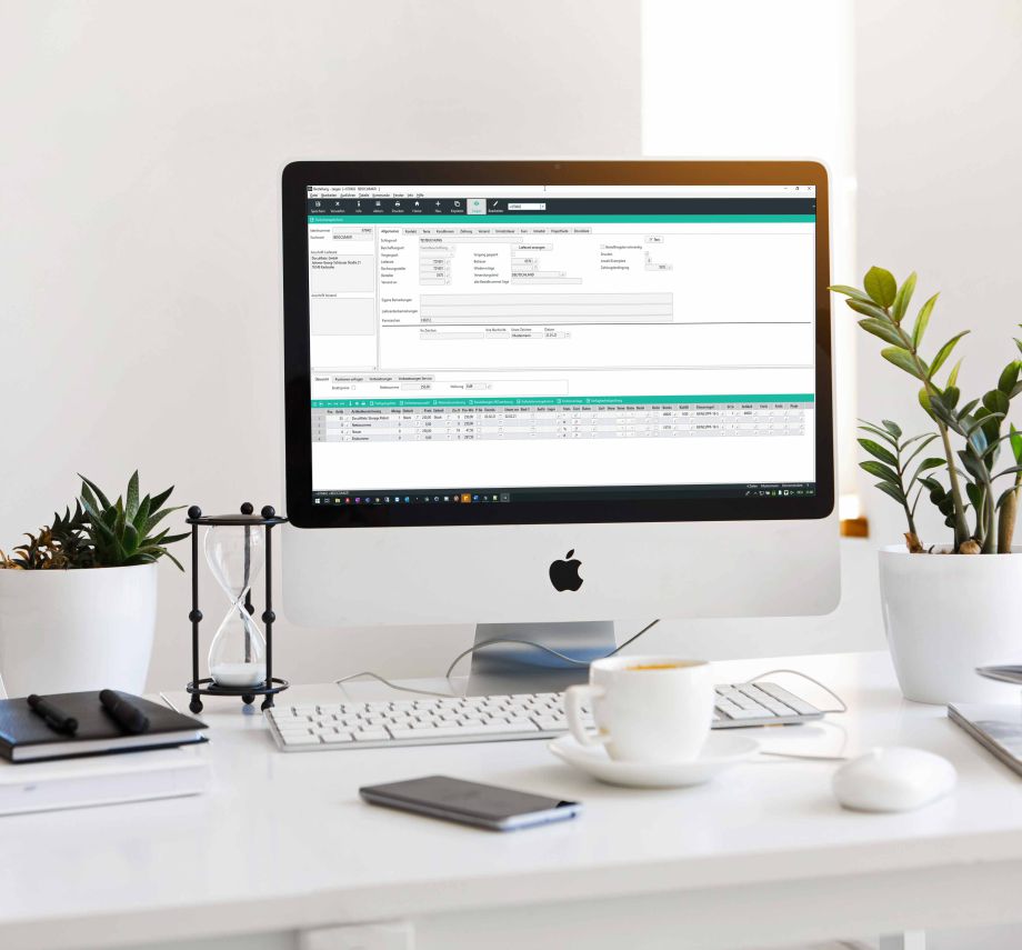 abas ERP Screenshot auf applemonitor in moderner Tantzky büroumgebung