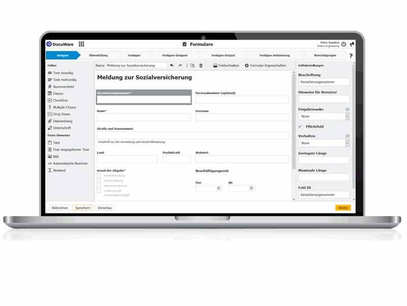 Laptop mit laufender DocuWare Software: Eingabeformular Meldung zur Sozialversicherung