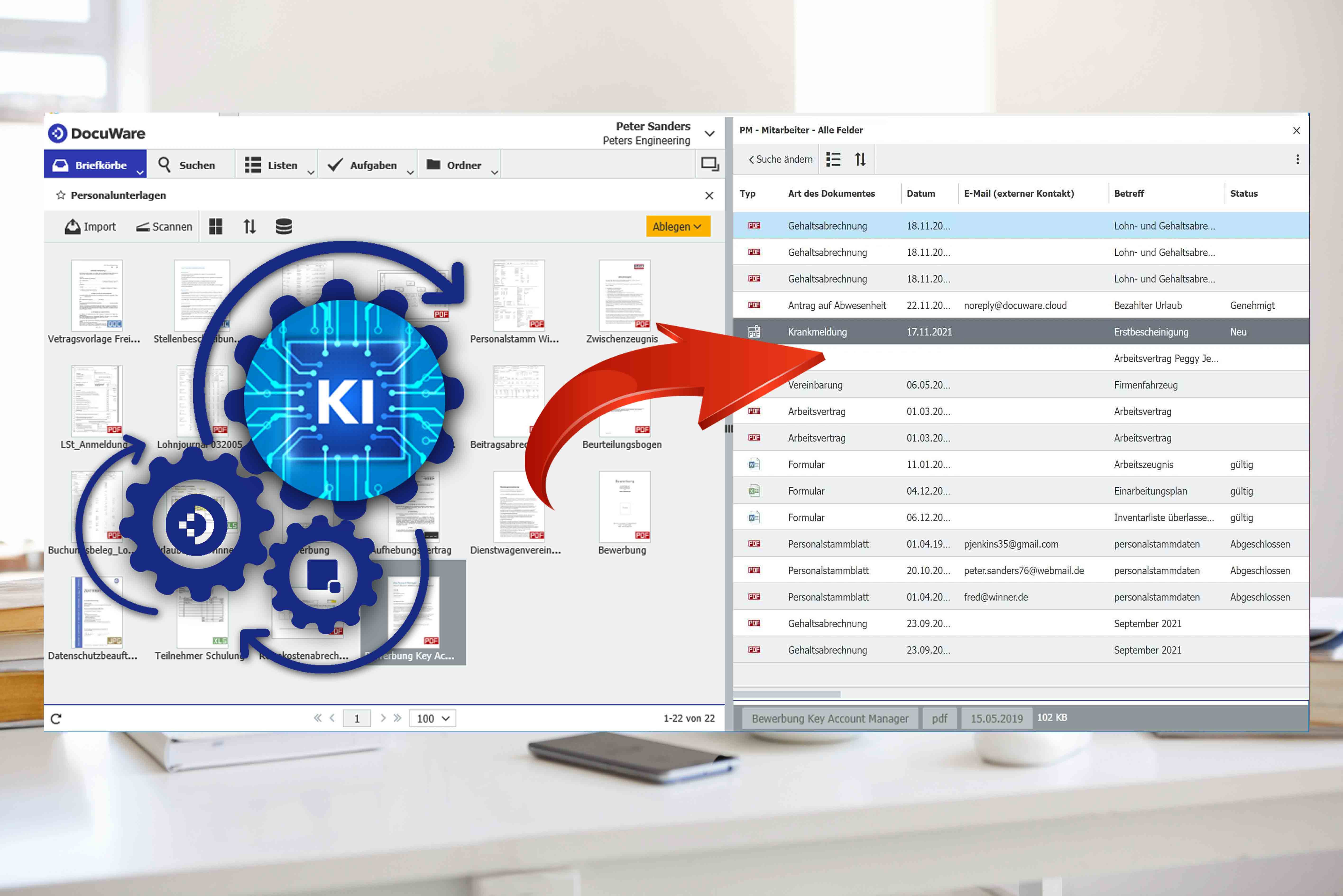 DocuWare Screenshot mit Beispieldokumenten innerhalb der Personalakte. Symbolischer roter Pfeil für die automatisierte Übergabe an das richtige Archiv unter automatisierter KI-Klassifizierung des Dokumententyps.