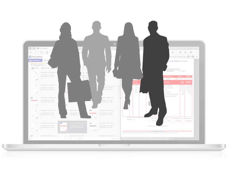 Laptop mit laufender DocuWare Software im Hintergrund, vier Silhouetten zwei Businessmänner und zwei Geschäftsfrauen