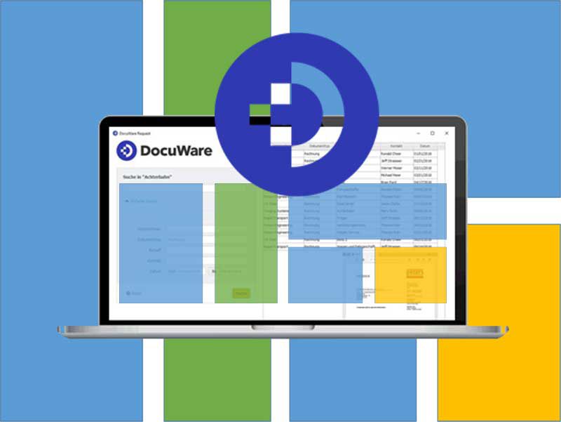DocuWare-Logo, dahinter Laptop mit DocuWare Oberfläche, bunte Rechtecke als Platzhalter für die vorkonfigurierten DocuWare-Lösungen