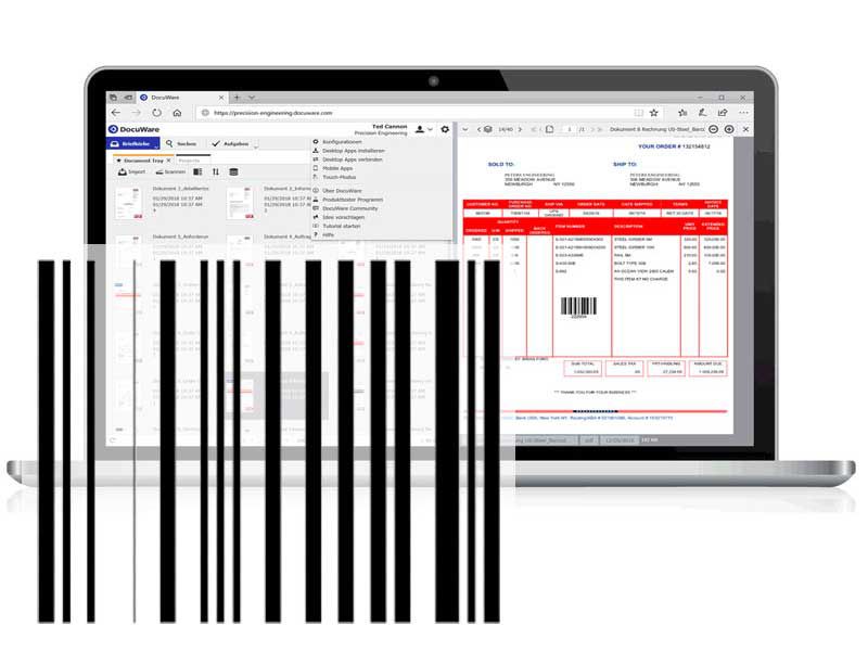 Laptop mit laufender DocuWare Software im Hintergrund, großer Barcode im Vordergrund