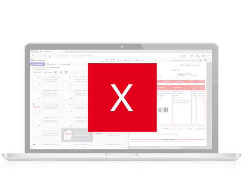 Laptop mit laufender DocuWare Software im Vordergund großes rotes viereck mit einem x