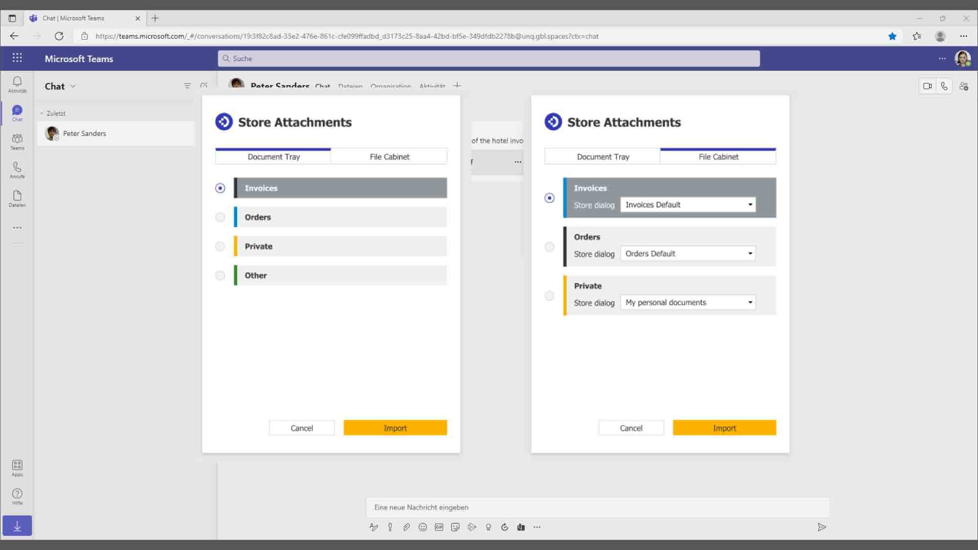 Microsoft Teams Screenshot mit DocuWare Ablagedialogfenstern zur Auswahl des Dokumenten-Typs