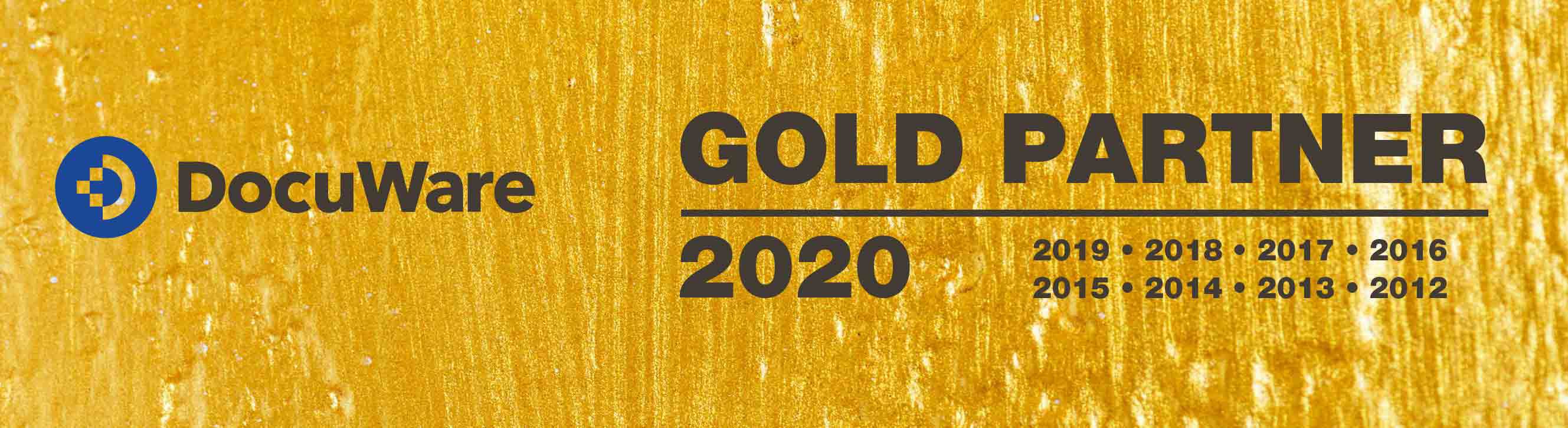 TANTZKY 2020 DocuWare Gold Partner Logo auf goldenem Hintergrund, Jahrszahlen 2012, 2013, 2014, 2015, 2016, 2017, 2018, 2019