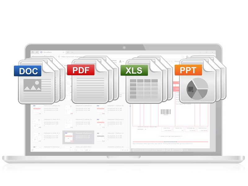 Laptop mit laufender DocuWare Software im Hintergrund, im Vordergrund jeweils drei Logos versetzt hintereinander von doc, pdf, xls und ppt