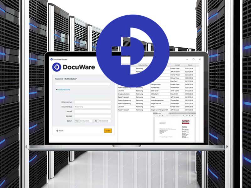 DocuWare-Logo, dahinter Laptop mit DocuWare Oberfläche, modernes Rechenzentrum