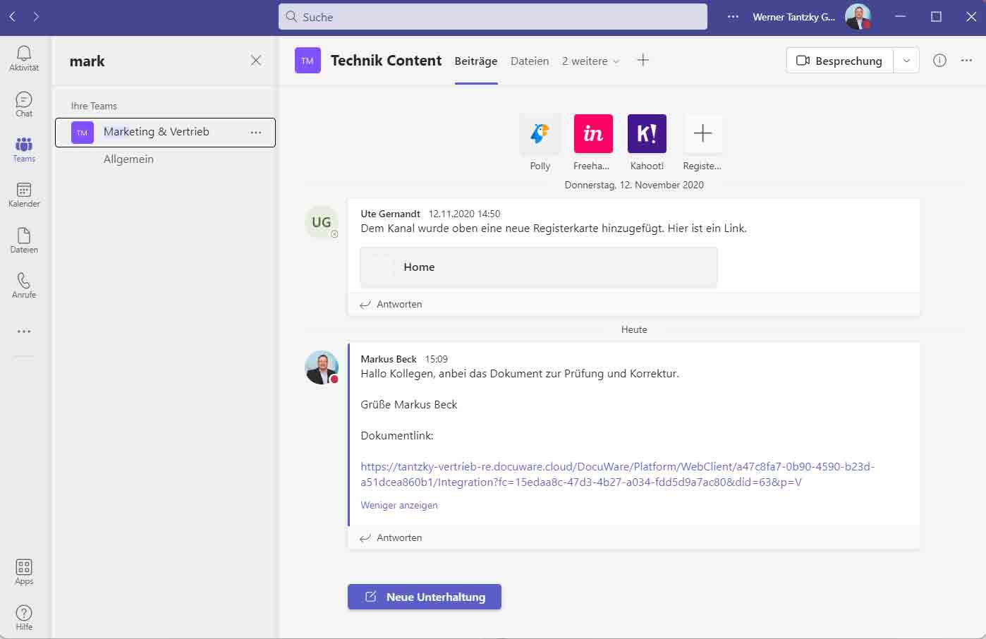 Microsoft Teams Oberfläche im Chat sehen alle Teilnehmer den geteilten Beitrag mit dem DocuWare Link aufs Dokument