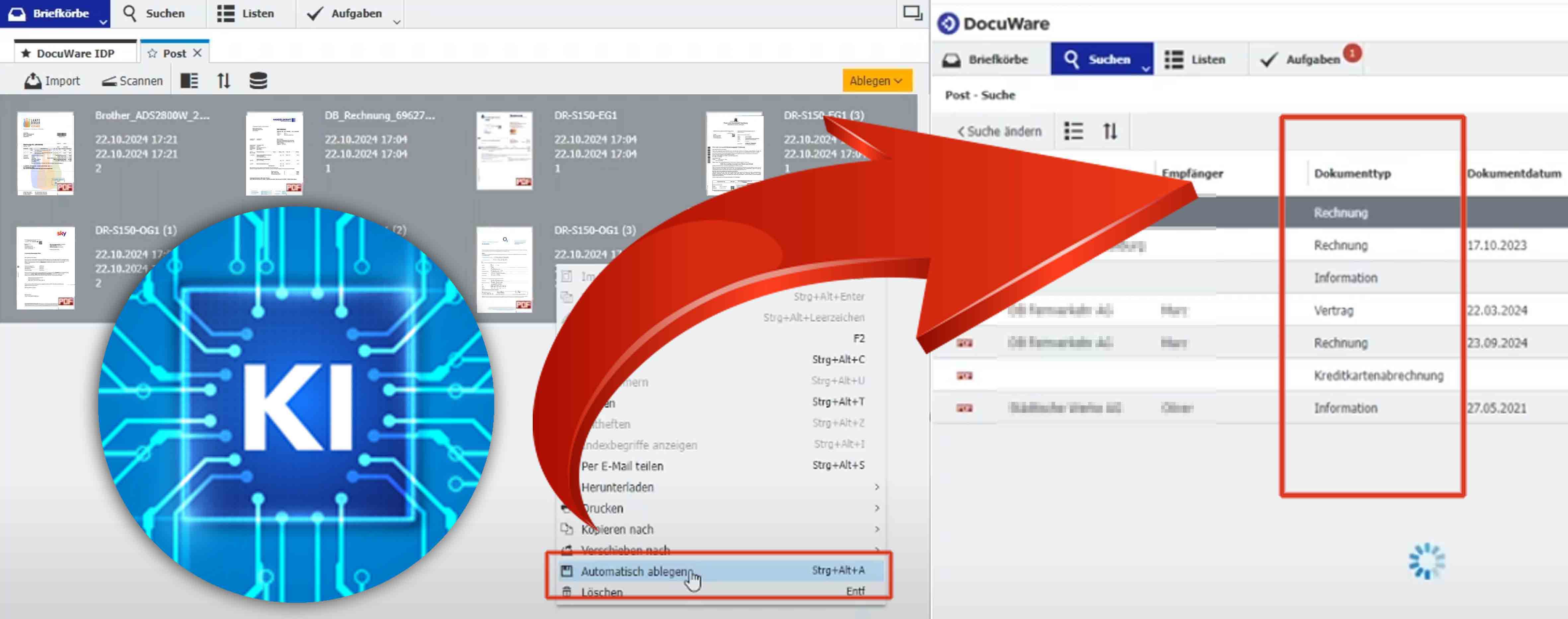 DocuWare Screenshot mit Beispieldokumenten im Posteingangskorb. Alle Dokumente sind markiert und werden automatisch abgelegt. Symbolischer Roter Pfeil für die automatisierte Übergabe an das richtige Archiv unter automatisierter Klassifizierung des Dokumententyps.