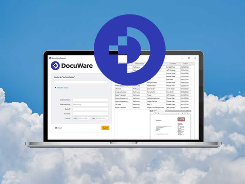 DocuWare-Logo, dahinter Laptop mit DocuWare Oberfläche, blauer Himmel mit Wolken
