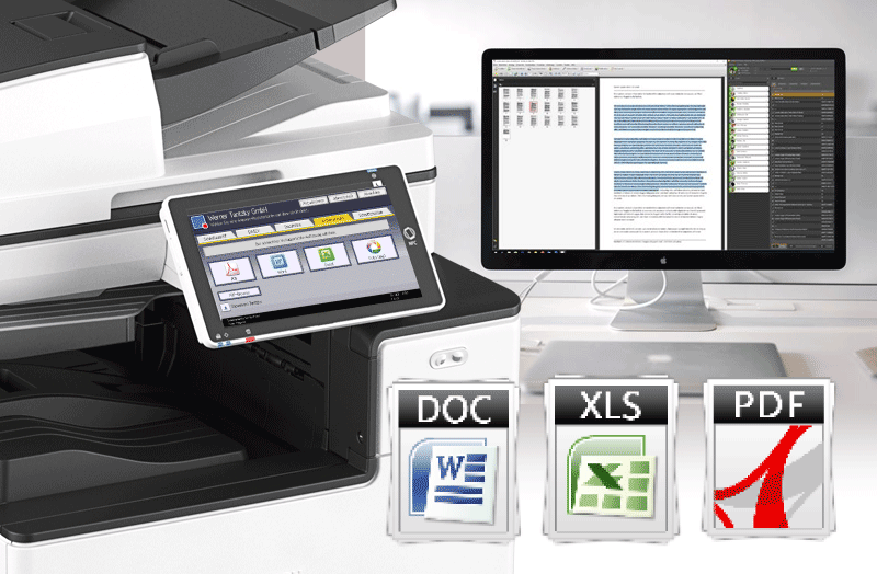 Ricoh Multifunktionssystem mit großem Touchpanel links, im Hintergrund Macbook mit DocuWare und Starface, Vordergrund drei Buttons: Word, Excel und pdf