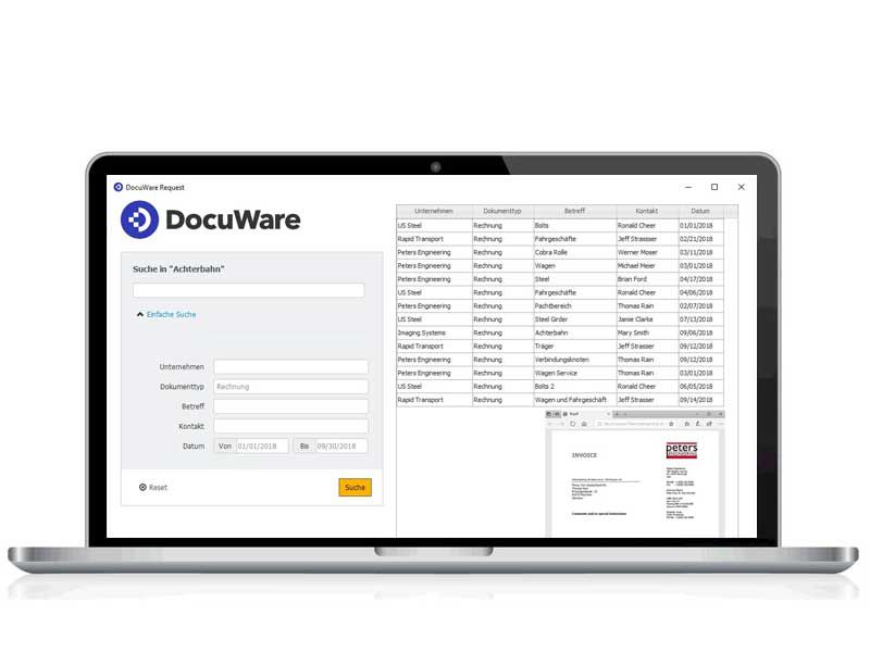 Laptop mit laufender DocuWare Software: Screenshot Dokumentenarchiv