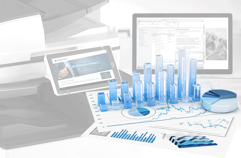 Ricoh IM C Multifunktionssystem mit TANTZKY Startbildschirm , rechts Monitor mit MS Outlook, Vordergrund 3D Säulendiagramm und Kreisdiagramm auf gedruckten Statistiken