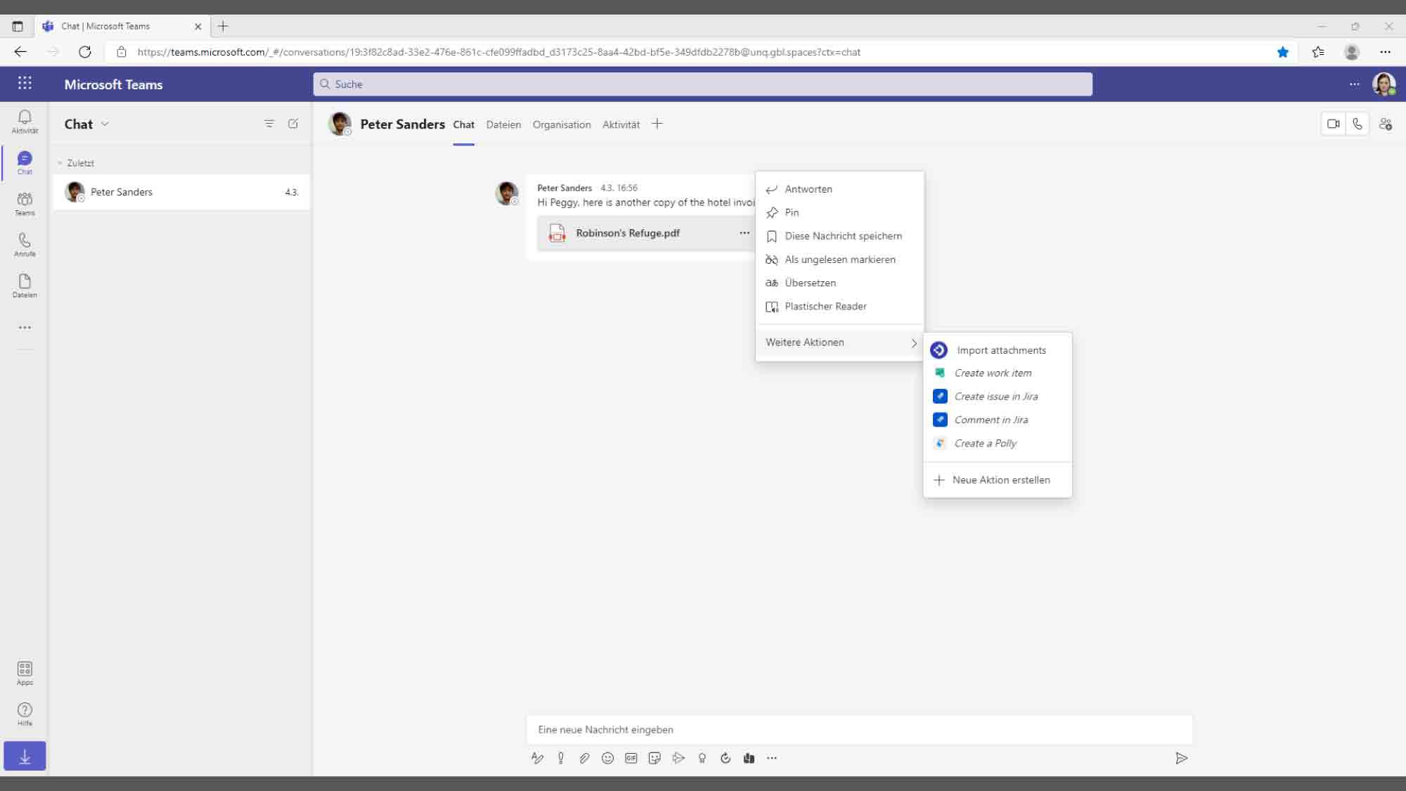 Microsoft Teams Screenshot mit geteiltem pdf-Dokument, Rechtsklick zum Starten des  DocuWare Imports