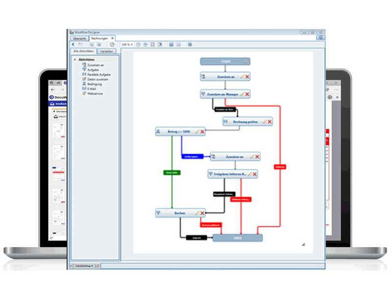 Laptop mit laufender DocuWare Software im Hintergrund, Prozessdiagramm eines Workflows im Vordergrund